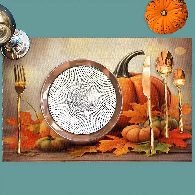 Thanksgiving Fall Pumpkin Placemats Set of 4 PVC Vinyl Non Slip Table Mats Heat Resistant Place Mats Washable Wipeable Dining Table Mat for Kitchen Decor Party Indoor Outdoor Decorative Gift