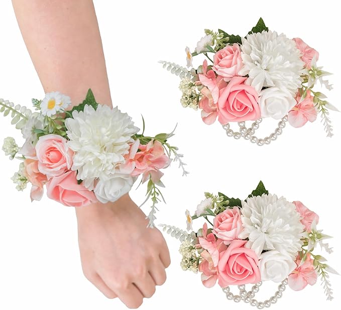 TINGE TIME Set of 2 Peach Pink Wrist Corsage Bracelets Pearl Wristlet Band Bridesmaid Bracelet for Wedding Ceremony Bridal Shower Wedding Artificial Flower Prom (Peach Pink)