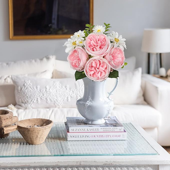 Peonies Artificial Flowers 22PCS Faux Pink Flowers Artificial Realistic Peony and Daisies Silk Flower Arrangements 14.5" Fake Flowers for Vase Centerpiece Wedding Party Home Decor DIY Bridal Bouquet