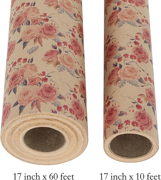 Aimyoo Pink Rose Floral Kraft Wrapping Paper Roll, All Occasion Vintage Flower Gift Wrap for Wedding Birthday Bridal Shower, 17 inch x 60 ft