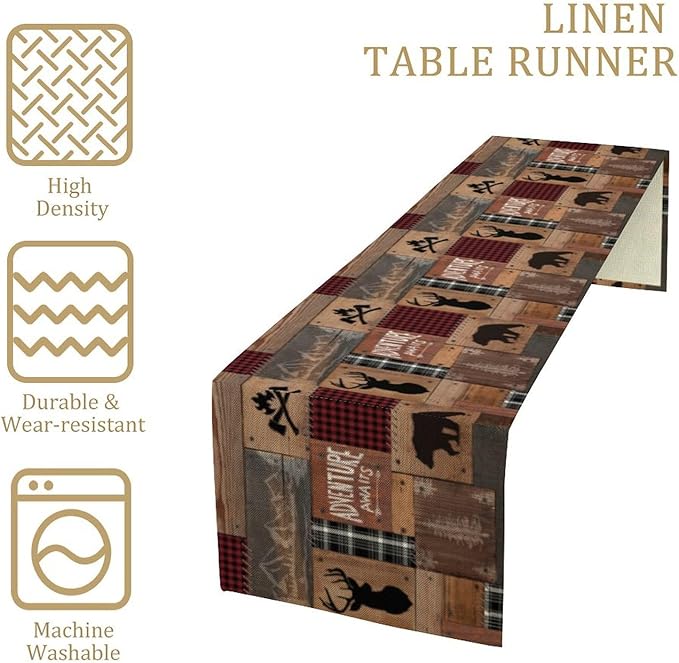Rustic Cabin Moose Deer Bear Table Runner, Retro Bear Cottage Country Style Cabin Farmhouse Dinner Runner for Home Kitchen Dining Table Decoration 13"x36"