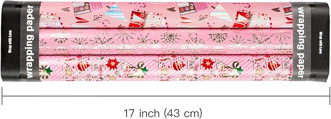 WRAPAHOLIC Christmas Wrapping Paper Roll - Mini Roll - 3 Rolls - 17 Inch X 120 Inch Per Roll - Pink Christmas tree, House, Snowflake Holiday Collection