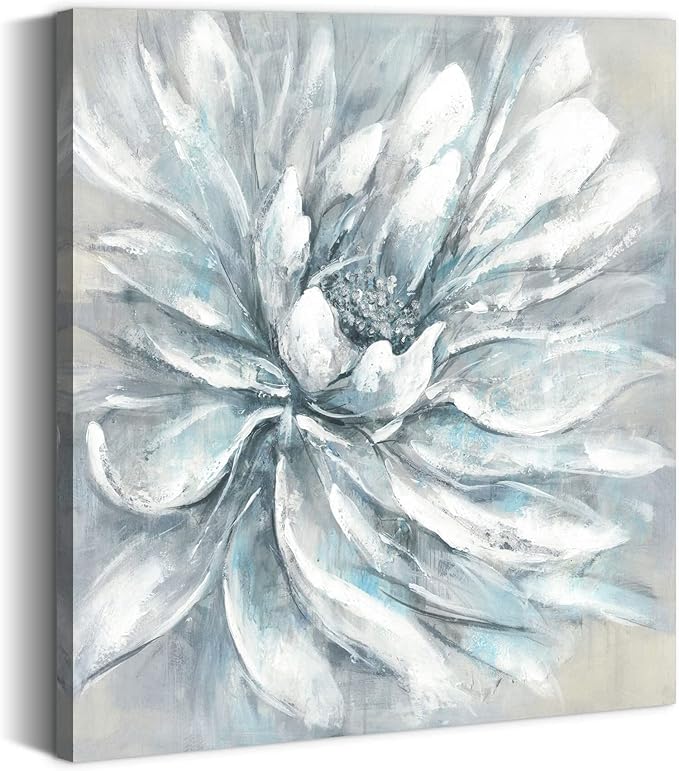 summer melody Abstract Flower Canvas Wall Art: Elegant White Modern Floral Painting Contemporary Blue Silver Peony Picture Gray Nature Botanical Prints Gallery Artwork for Bedroom