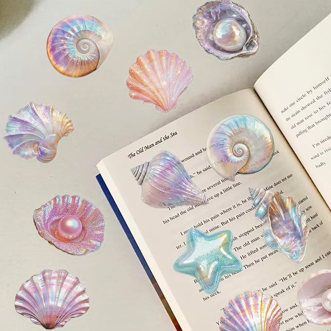 50 Pcs Sea Shell Stickers Waterproof, Transparent PET Aesthetic Stickers, Nautical Clam Shell Pearl Decals for DIY Crafts, Journals, Planners, Laptop & Water Bottle Decor