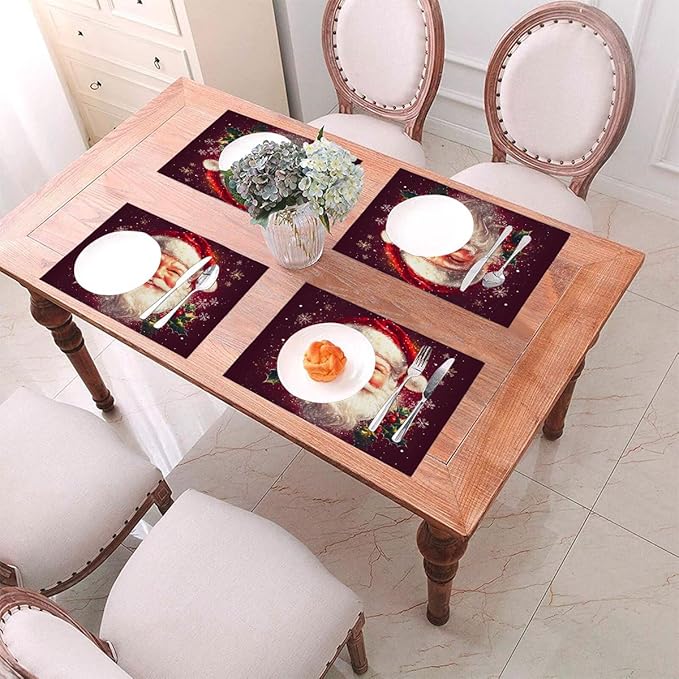 PVC Placemats Set of 1 Wipeable Table Mats Washable Heat Resistant Non Slip Vinyl Dining Table Mat for Kitchen Indoor Outdoor Patio Farmhouse Place Mats Santa Claus Red Xmas Decorative