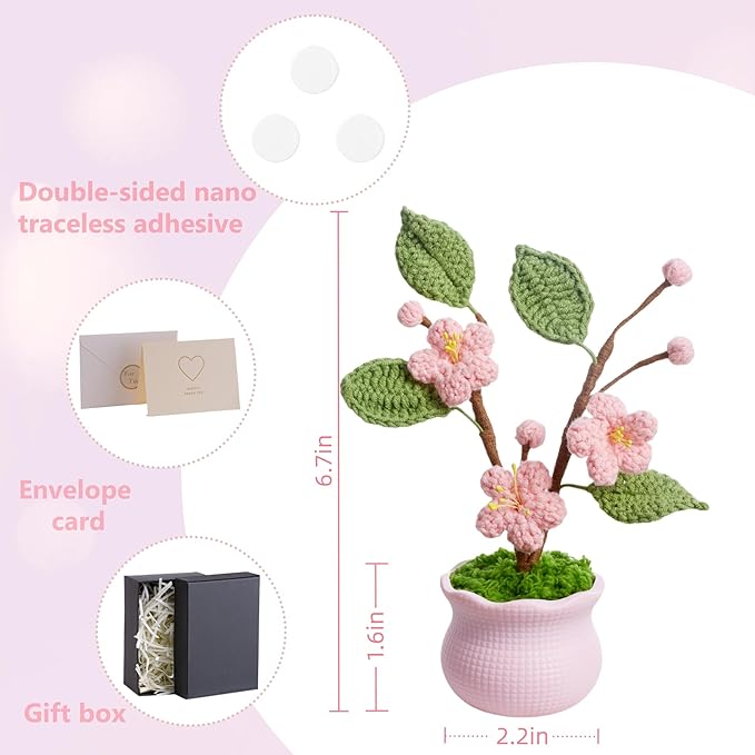 Knitting Crochet Flowers Potted Flower, Fake Forget Me Not Flowers Gift for Teacher, Friend, Family and Lover, Cute Decor for Room, Car Dashboard, Home Office Decoration(Pink Peach Blossom)