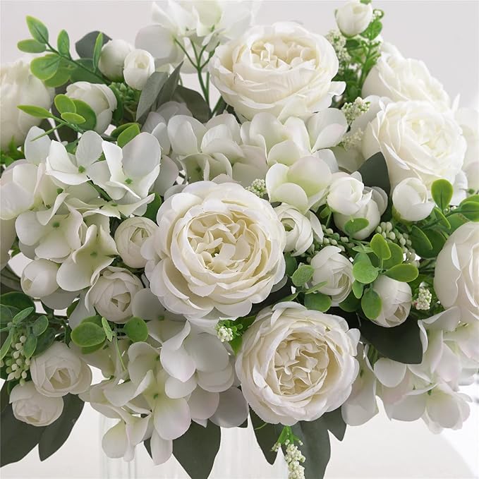 4 Bunches White Peonies Artificial Flowers for Decoration Faux Roses Fake Bouquet Arrangements Plastic Table Centerpiece Silk Flores for Vase Party Wedding Home Décor (White)