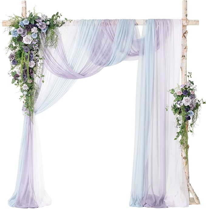 Ling's moment Deluxe Wedding Arch Flowers with Sheer Drapes Kit - Artificial Pruple and Sage Floral Arrangements for Ceremony Backdrop, Arbor Decor, 5-Piece Set (2 Flower Stems + 3 Hanging Drapes)