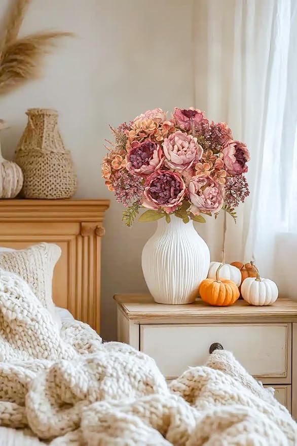 Hollyone 2Pcs Artificial Fall Flowers Bouquet 18.8" Pink Dried Peony Hydrangea Fake Fall Floral Silk Flowers Autumn Faux Flower Arrangement for Home Wedding Table Centerpieces Thanksgiving Party Decor