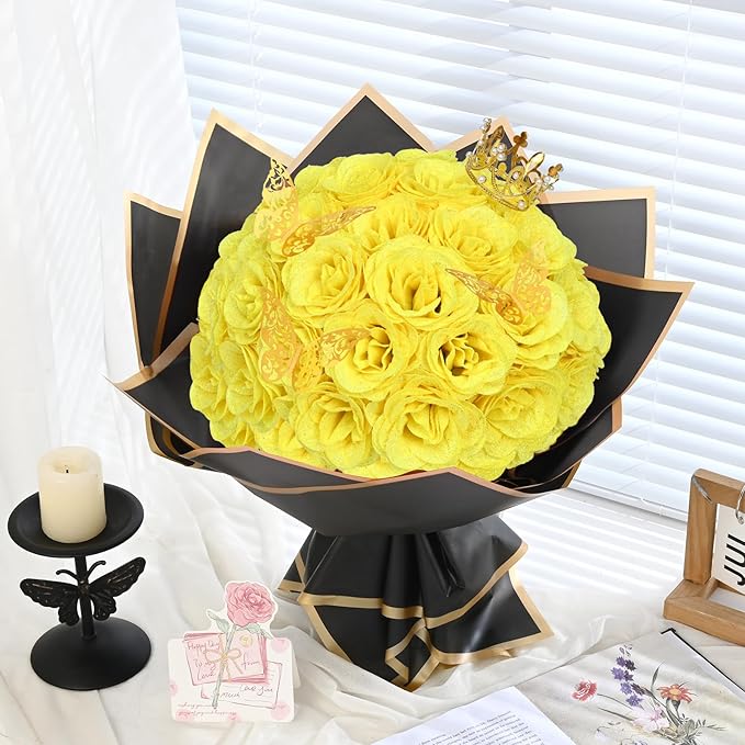 Waipfaru Glitter Roses Bouquet, DIY Fake Flowers Bouquet, Yellow Artificial Flower for Mothers Day Gifts, Valentines, Anniversary, Engagement, Wedding, 36 Pcs