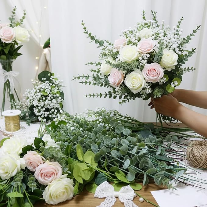 120 Pcs 5 Mixed Eucalyptus Greenery Stems Artificial Baby Breath Flowers Bulk Eucalyptus Leaves Bundle Faux for DIY Wedding Decoration Bouquets Home Arrangement Floral Vase Decor