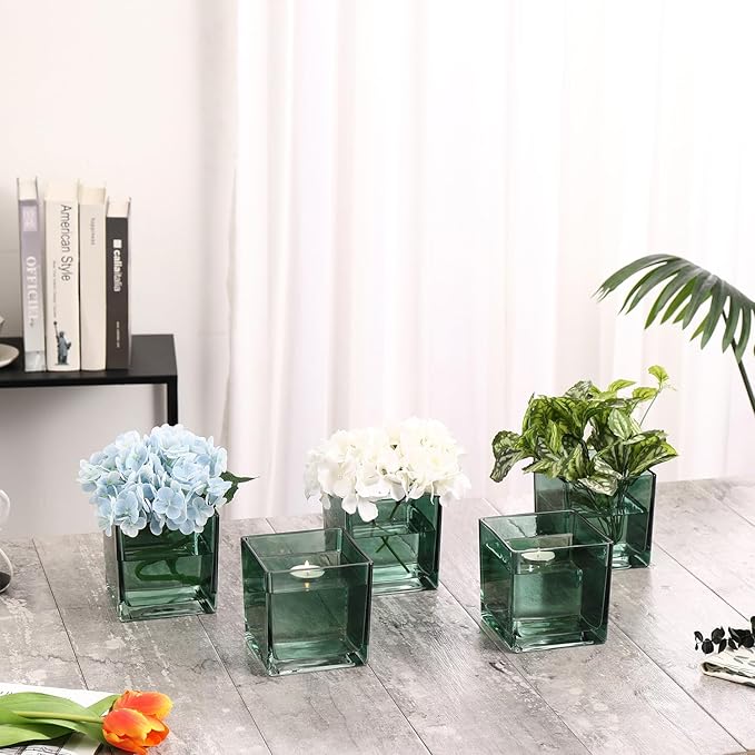 Square Glass Vases Set of 9, 5" x 5" x 5" Green Flower Vases for Centerpieces, Square Vase for Flowers, Small Vase for Wedding, Party, Home Office Decoration