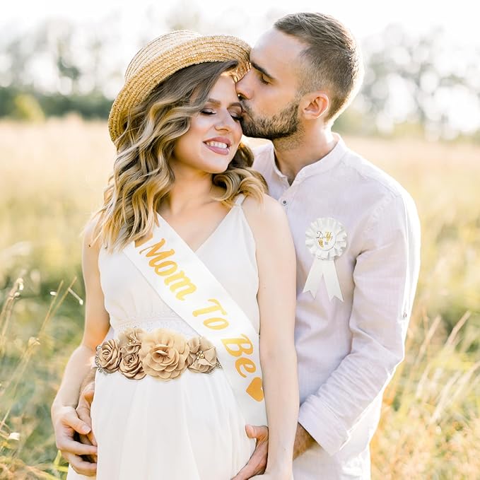 Baby Shower Maternity Sash Belly Belt-Pink Flower Sash Set Mom to Be & Dad to Be Corsage Pins for Gender Reveal