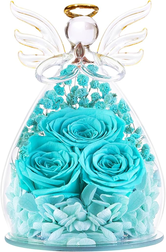 Beferr Christmas Birthday Gifts for Women, Mom Gifts for Christmas Fresh Flowers for Delivery Prime Forever Preserved Rose in Glass Angel Figurine Xmas Gifts for Grandma Wife Sister Her, TBlue