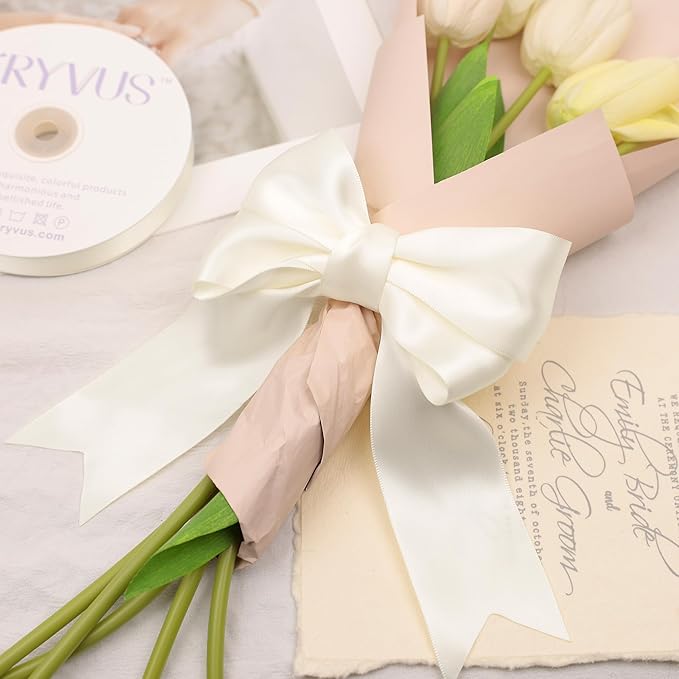 Ivory Satin Ribbon, Double Faced 2 Inch X 25 Yards, Premium Satin Ribbon for Gift Wrapping, Crafts, Hair Bow Making, Sewing, Flower Bouquet, Wedding Party Decor