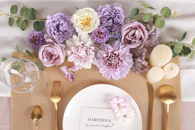Floweroyal Artificial Flowers Combo Purple Flowers Mix Silk Flowers Dahlia Roses with Stems for DIY Wedding Bridal Bouquets, Baby Shower, Floral Arrangement, Table Centerpieces, Home Decorations.