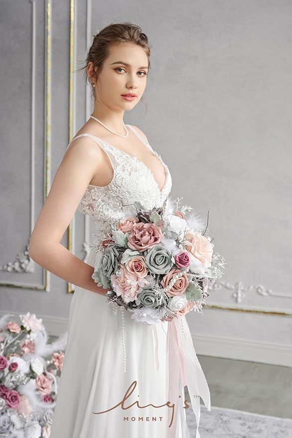 Ling's moment Artificial Flowers 25Pcs Shimmer Grey Roses Decor w/Stems,3" Real Touch DIY Foam Floral for Wedding Bouquet/Centerpieces, Outdoors Party Backdrop, Room/Table, and Garden/Pot Decorations