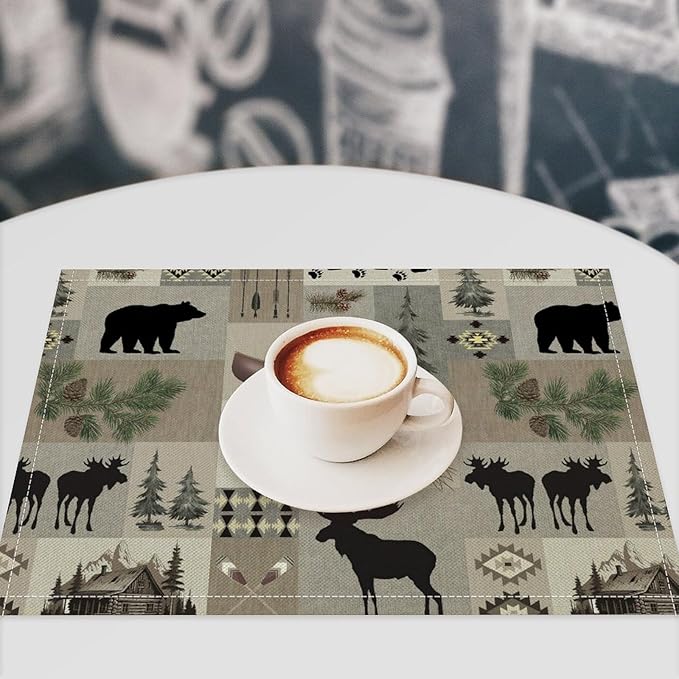Retro Rustic Lodge Bears Deer Placemats Set of 6, Vintage Cabin Pine Tree Farmhouse Country Style Place Mats, Heat Resistant Non Slip Cotton Linen Dining Table Mats for Home Kitchen 18x12 Inch