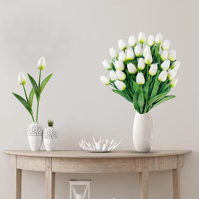 Sggvecsy 15 Pcs Fake Tulips Artificial Flowers Real Touch PU Faux Flowers Tulip Stems for Wedding Spring Bouquet Floral Arrangement Home Party Office Decorations for Mother's Day (Green White)