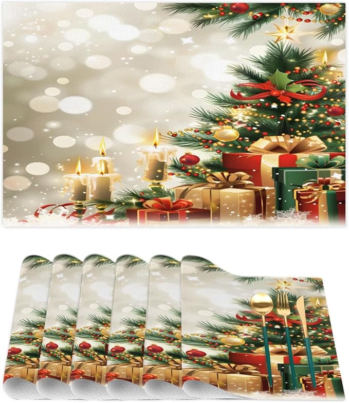 Xmas Christmas Tree Green Placemats Set of 4 PVC Vinyl Non Slip Table Mats Heat Resistant Place Mats Washable Wipeable Dining Table Mat for Kitchen Decor Party Indoor Outdoor Decorative Gift