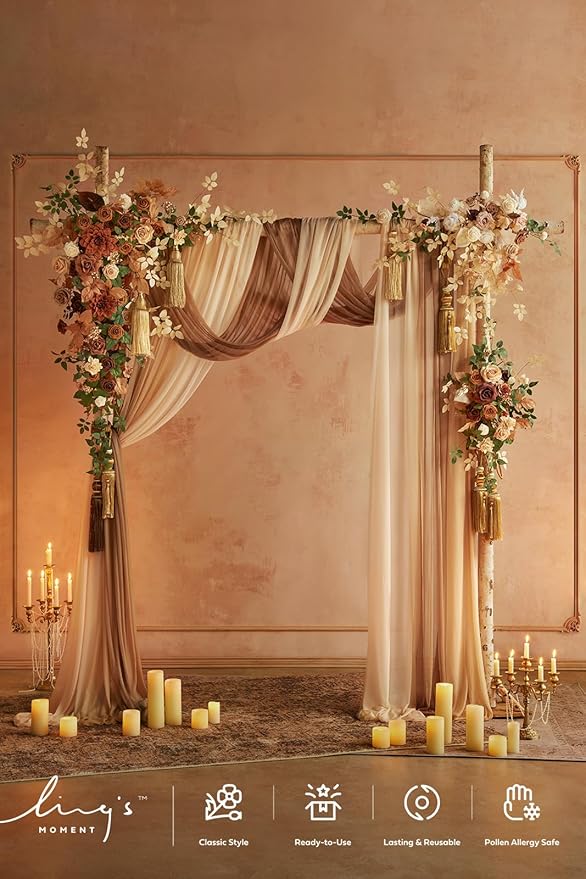 Ling's Moment Deluxe Wedding Arch Flowers with Sheer Drapes Kit - Artificial Walnut Brown Floral Arrangements for Ceremony Backdrop, Garden Arbor Decor, 5-Piece Set (2 Flower Stems + 3 Hanging Drapes)