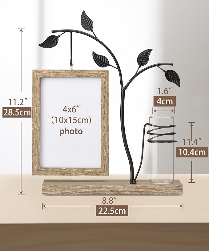 Afuly 4x6 Picture Frame Potted Plants Desk Photo Frames with Metal Stand Glass Vase, Rustic Double Sides Display Wood Frame Wedding Birthday Gifts for Couple Mom Grandma Women