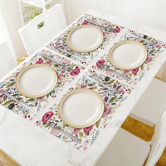 Watercolor Flower Linen Placemats Set of 4,Summer Floral Non Slip Heat-Resistant Washable Table Place Mats Tablemats for Kitchen Dining Table 6 PCS, Pink Flowers