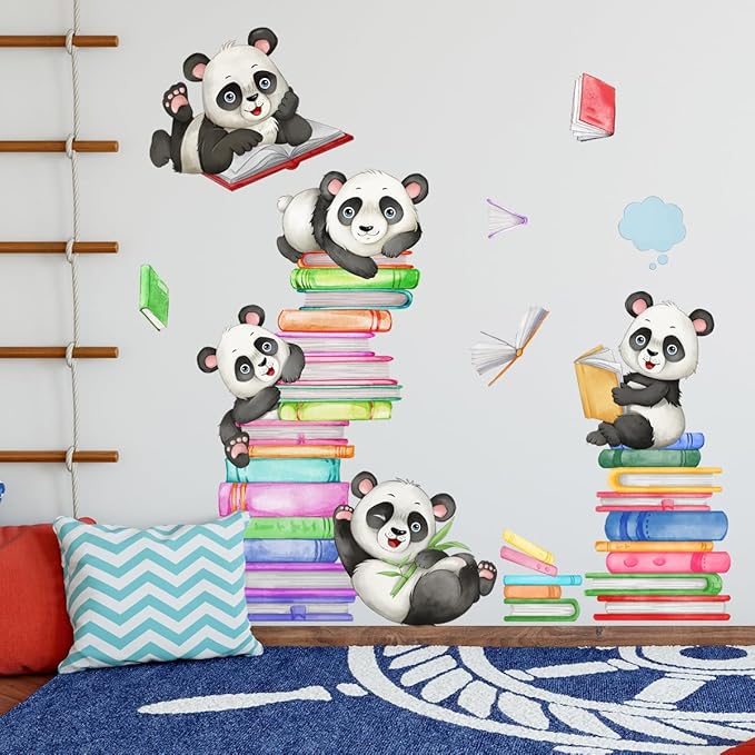 Panda Wall Decals Animals Reading Books Wall Stickers for Baby Nursery Kids Bedroom Classroom Wall Decorations