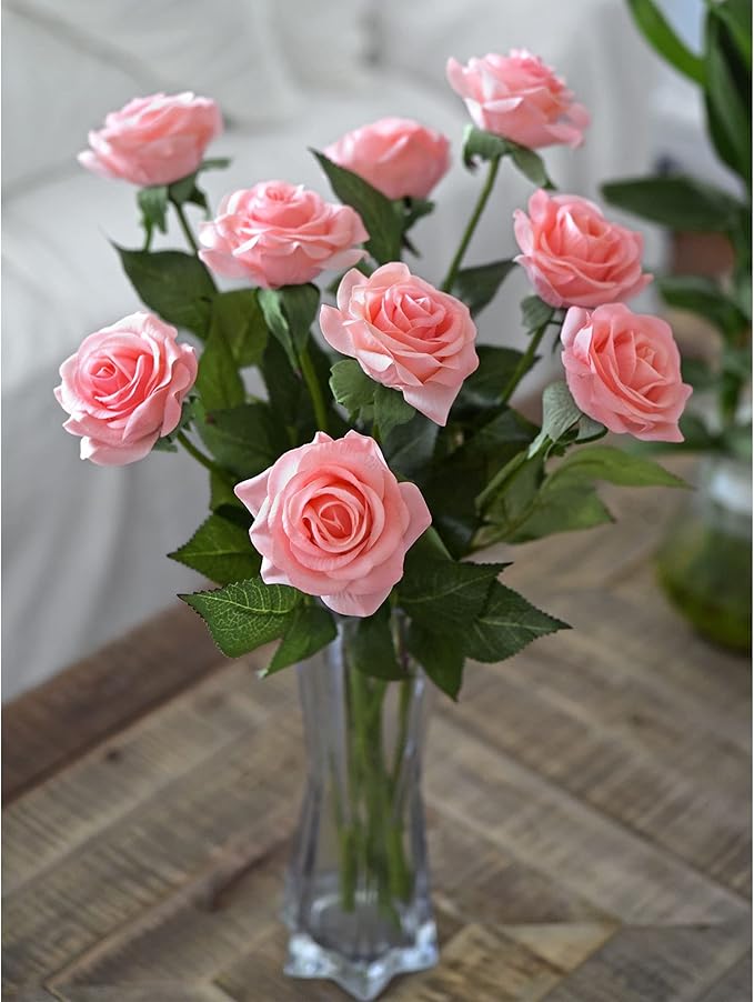 FiveSeasonStuff Fake Roses Wedding Flowers Real Touch Silk Champagne Pink Artificial Flowers 12 Stems