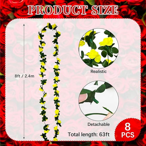 16Pcs 126Ft Yellow Rose Garland, Fake Rose Hanging Flowers, Artificial Flower Vine, Hanging Floral Vine Garland for Wedding, Birthday Party, Wall Arch, Halloween, Christmas Garden Backdrop Decor