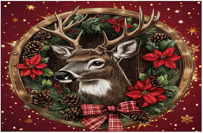 Xmas Christmas Reindeer Poinsettia Red Placemats Set of 6 PVC Vinyl Non Slip Table Mats Heat Resistant Place Mats Washable Wipeable Dining Table Mat for Kitchen Party Indoor Outdoor Decorative Gift