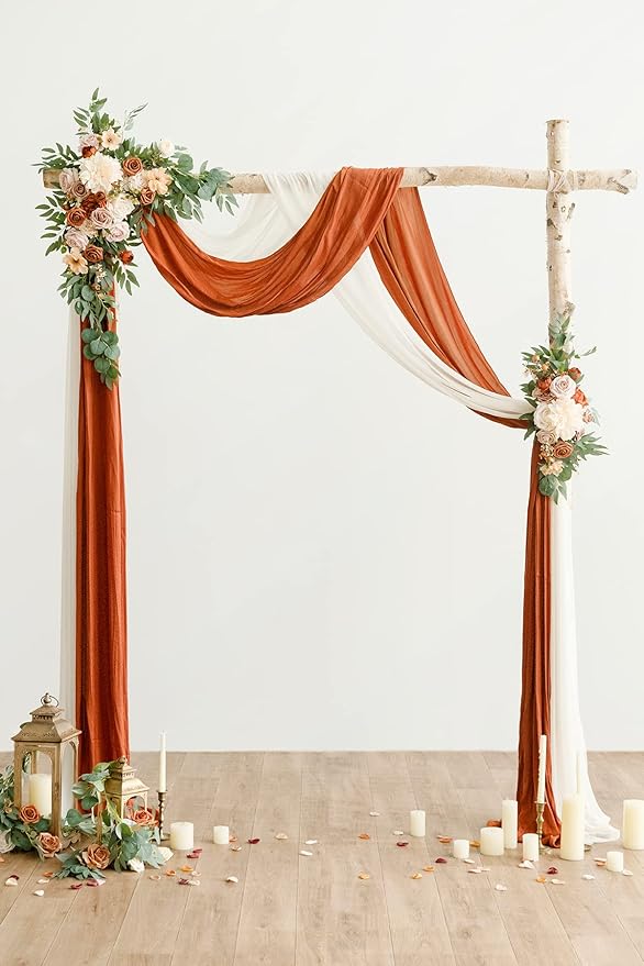 Ling's moment Fall Artificial Wedding Arch Flowers Kit Pack of 4, 2pcs Hanging Flower Arrangement 2pcs Drapes Ceremony Rose Arbor Backdrop Brunt Orange Terracotta Floral Party Autumn Outdoor Decor
