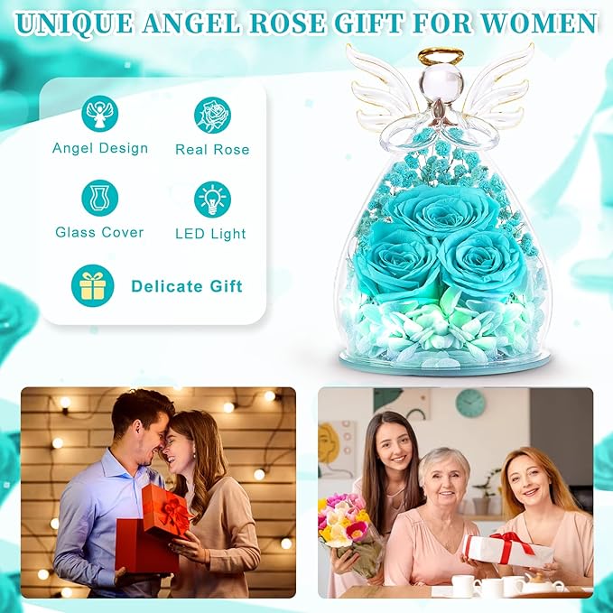 Beferr Christmas Birthday Gifts for Women, Mom Gifts for Christmas Fresh Flowers for Delivery Prime Forever Preserved Rose in Glass Angel Figurine Xmas Gifts for Grandma Wife Sister Her, TBlue