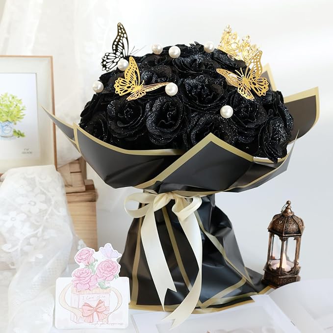 Glitter Roses Bouquet, Shiny Artificial Roses Flowers with Stems DIY Fake Glitter Flowers Bouquet for Valentine's Day, Mother's Day, Anniversary, Graduation, Birthday, Wedding, 50 Roses (Black)