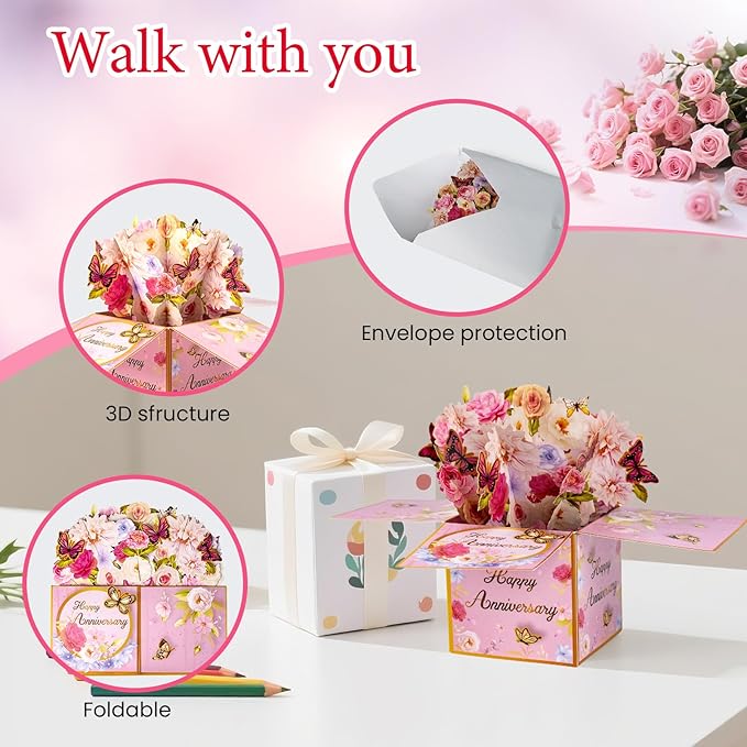 3D Anniversary Pop Up Cards with Music, Romantic LED Light 3D Flower Gift Box, Handmade Foldable Greeting Cards Box with Envelope for Anniversary,Festivals & Special Occasions