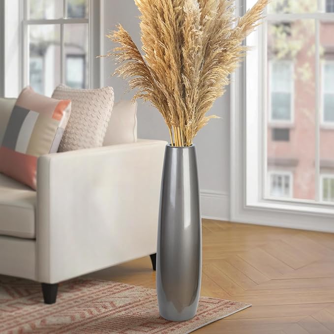 Silvery Ceramic Tall Floor Vase,24 Inch Large Modern Flower Vases for Home Décor,Wicker Big Floor Vases Decorations for Farmhouse, Living Room,Bedroom,Standing Plastic Vase Decorative Tall