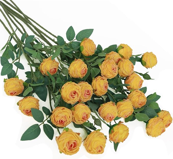 CHIAVE 8pcs 24 Flower Buds Artificial Vintage Roses Fake Silk Rose Flowers with Long Stem for DIY Bouquets Wedding Centerpiece Party Home Kitchen Shorp Decoration-Yellow