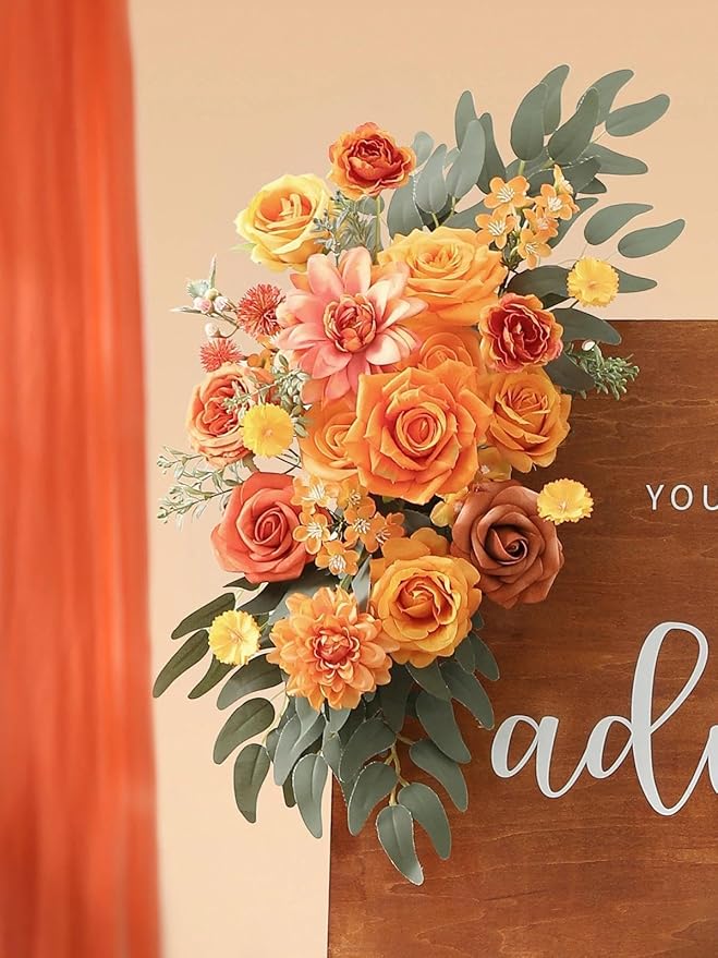 Artificial Flowers Combo Box Orange Fake Roses Silk Flowers with Stems Dahlia for DIY Cake Wedding Bridal Bouquets,Floral Arrangement,Table Centerpieces,Baby Shower,Home Party Decorations