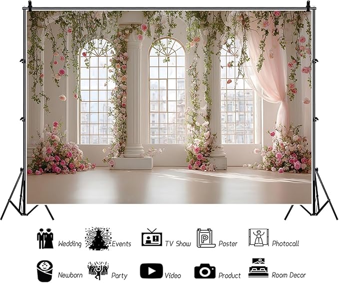 Baocicco Pink Palace Backdrops 12x8ft White and Pink Windowsills Botanical Background Princess Birthday Party Banner Supplies Wedding Ceremony Anniversary Engagement Banner Photo Booth Studio Prop