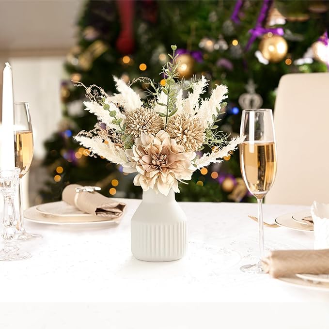 Mkono Small Artificial Flowers in Ceramic Vase 13.5" Centerpieces Coffee Table Decor, Silk Flower Arrangements for Home Decor Indoor Fake Flower Bouquet for Bathroom Dining Room Kitchen Wedding Brown