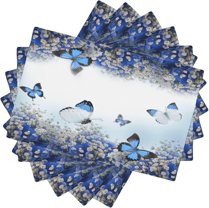 Blue Butterfly Flowers Placemats Set of 6,Spring Summer Flower Place Mats Washable for Kitchen Dining Table Heat Resistant Decorative Colth Table Mats 6 PCS, Style-3