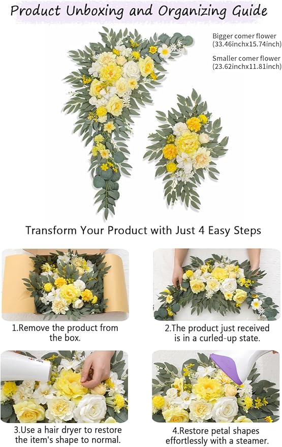 Artificial Flowers Wedding Arch Decor Arch Flowers (Set of 2) for Wedding Welcome Sign and Backdrop Decoration (Yellow)