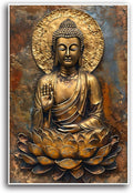 Buddha Wall Art Golden Buddha in Lotus Seat Serene spiritual statue radiant aura Meditation and mindfulness wall art suitable for sacred spaces 24x36in Frameless