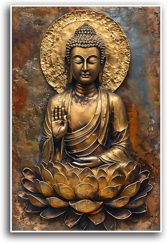 Buddha Wall Art Golden Buddha in Lotus Seat Serene spiritual statue radiant aura Meditation and mindfulness wall art suitable for sacred spaces 16x24in Frameless