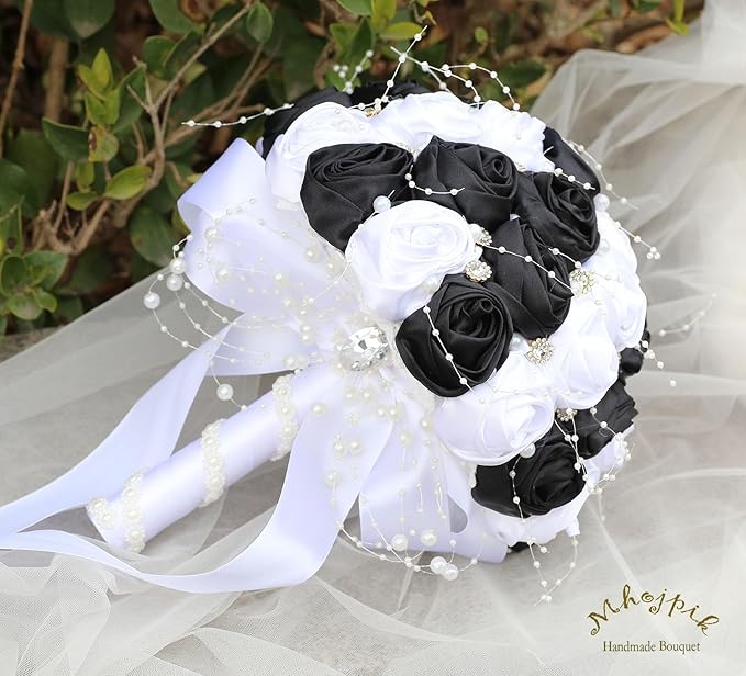 Bridal Wedding Bouquet Round Bling Brooch Bouquet Throw Toss Artificial Rose Flower Bunch for Bride Bridesmaid Wedding Quinceanera(White & Black, 8.7")