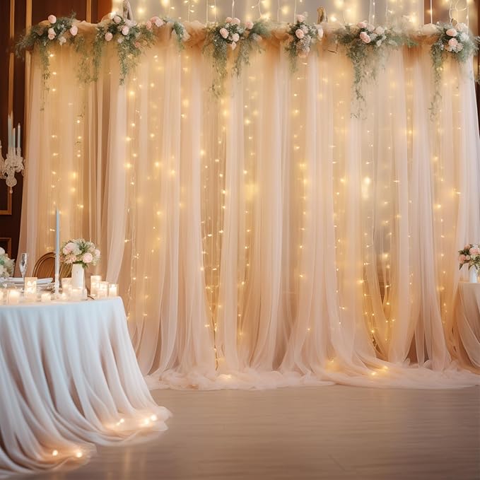 20×10ft Champagne Tulle Backdrop Curtain with Lights String for Parties, Sheer Curtain Backdrop Drapes for Wedding Party Photography Background