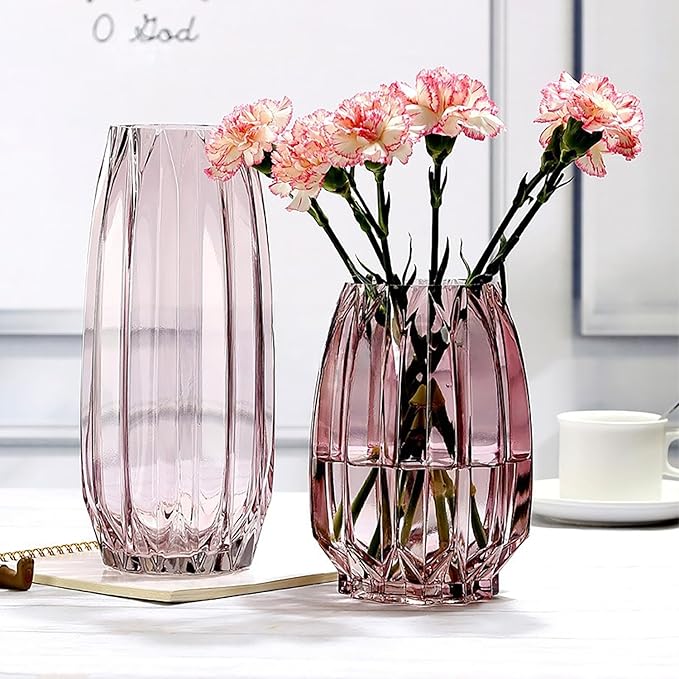 Pink Glass Vase Modern Ribbed Vase for Flowers, Candles, and Decorative Accents - Tall/Short Vases for Centerpieces Home Table Decor(Purple Pink H8.0inch)