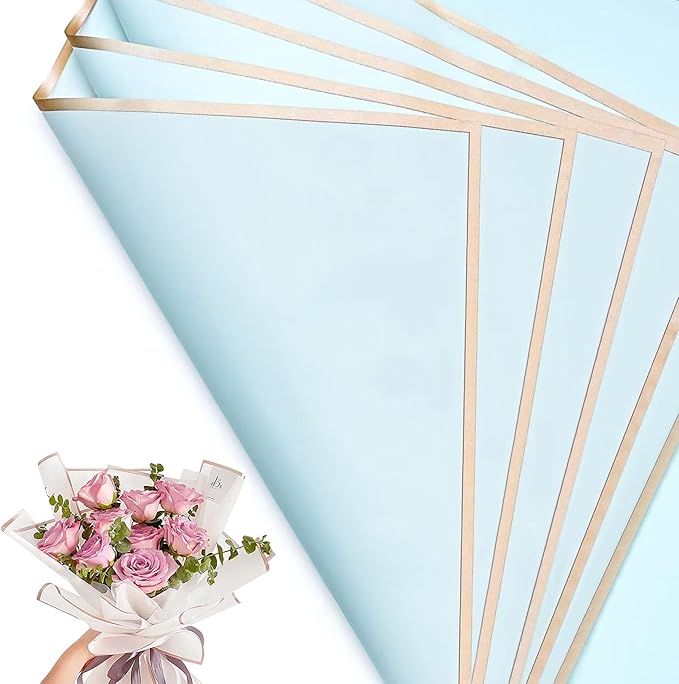 30 Sheets Misty Blue Gold Edge Flower Bouquet Wrapping Paper，Florist Supplies Waterproof Floral Bouquet Wrapping Paper Bouquet Accessorie，Flower Shop Packaging Pape for DIY Gift Wedding Birthday