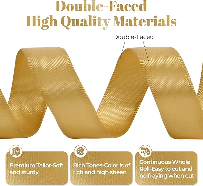 Light Gold Satin Ribbon, Double Faced 5/8 Inch X 50 Yards Light Gold Ribbon, Premium Satin Ribbon for Gift Wrapping, Crafts, Hair Bow Making, Sewing, Flower Bouquet, Wedding Party Decor