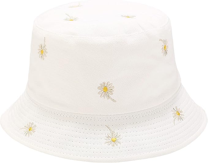 Flower Reversible Bucket Hat Cotton Summer Travel Beach Sun Hats Emboridery for Women Men
